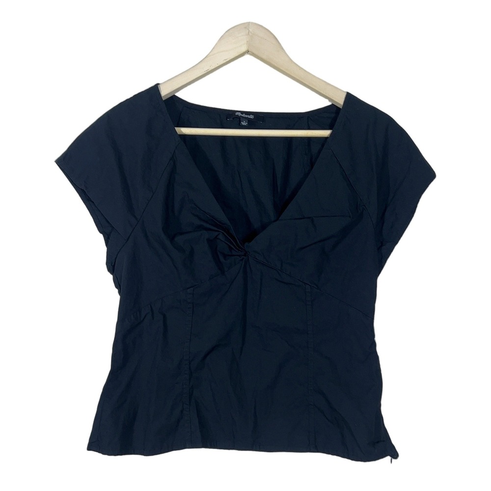 NWT Madewell Twist Front Solid Poplin V-Neck Top True Black Chic Tailored Size 6